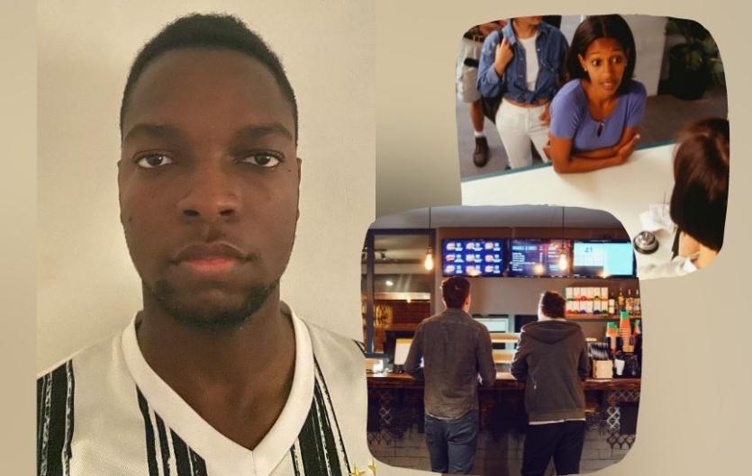 A man looking at the camera, with two inset images of people ordering food at a fast food restaurant