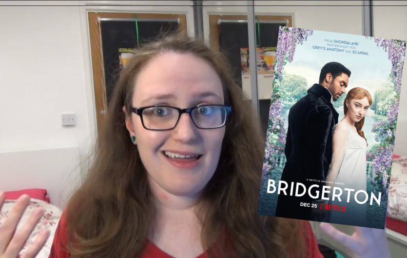 The article's author Lynne Mackie beside a picture of the series Bridgerton