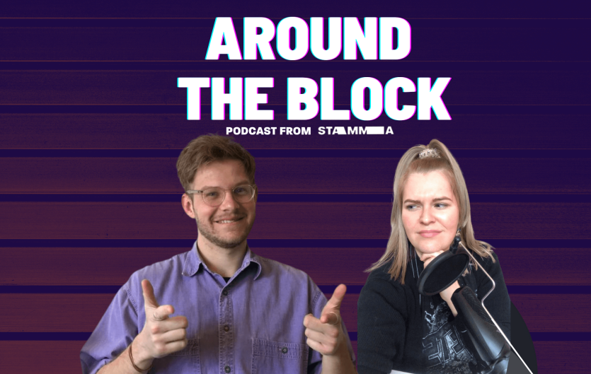 A man and a woman with the text 'Around The Block' above them