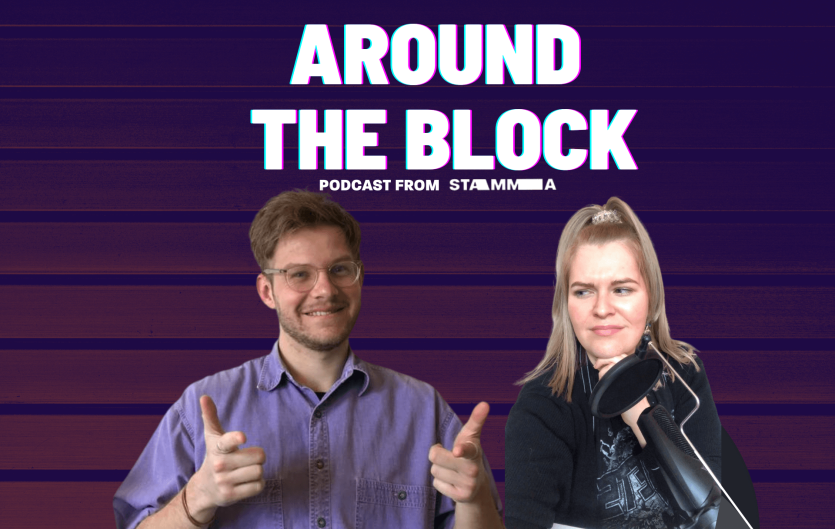 Podcasts A man and a woman with the text 'Around The Block' above them