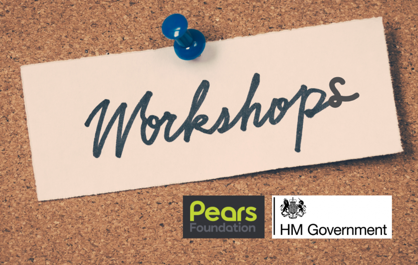 Workshops for parents & young people A notice pinned to a noticeboard, with handwriting that reads 'Workshops', with logos for Pears Foundation and HM Government