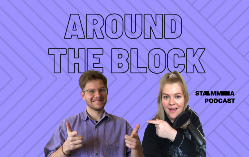 'Around The Block' Podcast Text saying Around The Block, with two people below