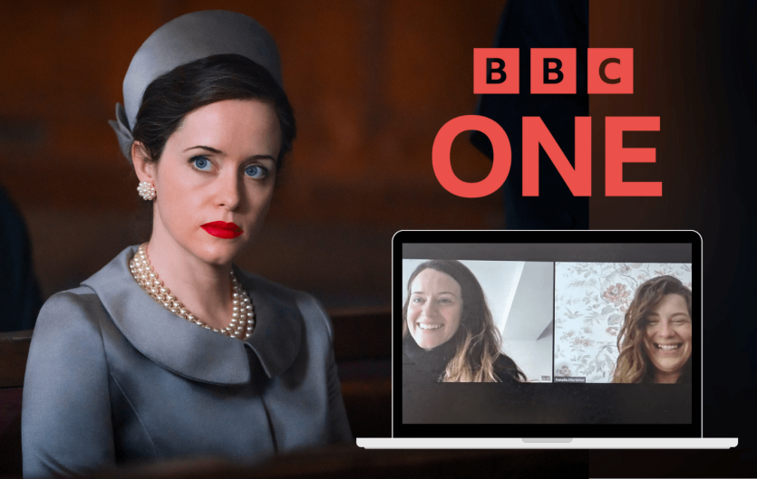 A woman in a 1960s outfit, next to the BBC One logo and a screengrab of two women chatting via video link