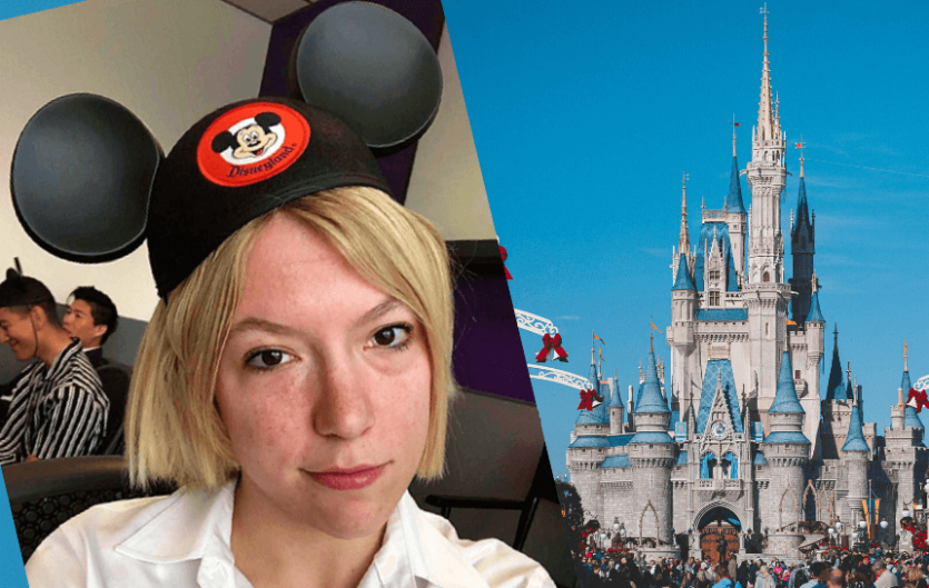 My job interview at Disneyland A woman in a Mickey Mouse hat looking at the camera, next to an image from Disneyland