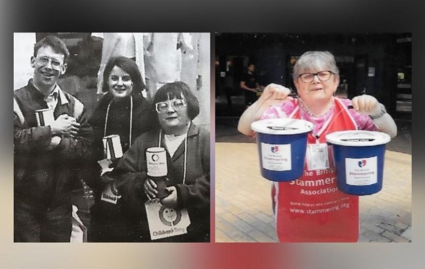 Two photos, one a black and white image of three people holding charity buckets, and a colour picture of a woman holding buckets
