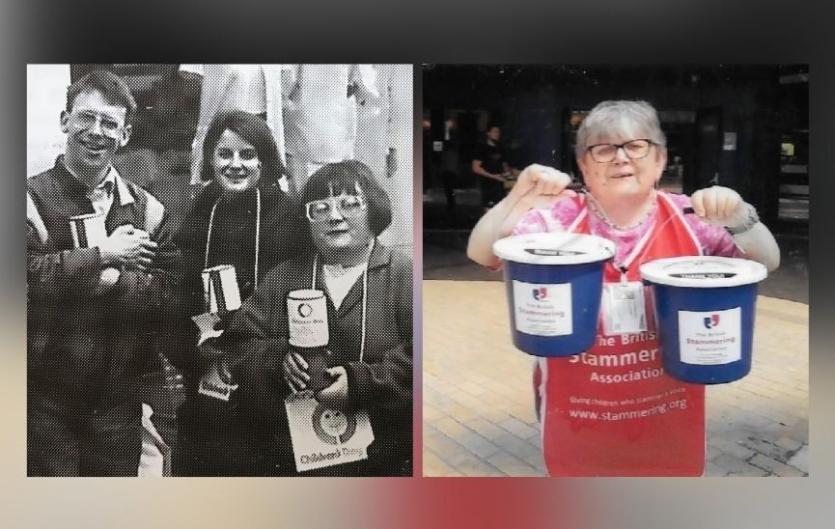 Melanie Russell: A Tribute Two photos, one a black and white image of three people holding charity buckets, and a colour picture of a woman holding buckets