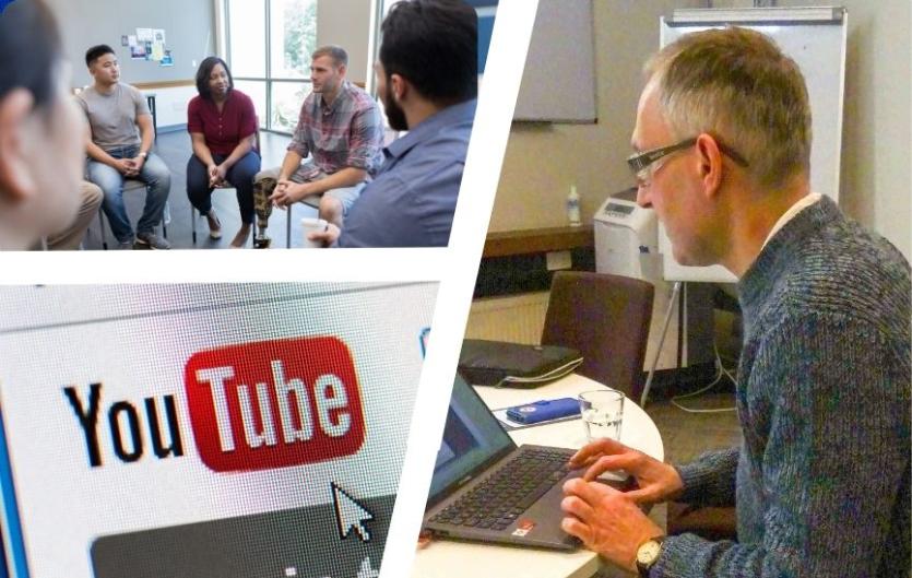 A montage including a man sitting at a computer, members at a support group, and the YouTube logo