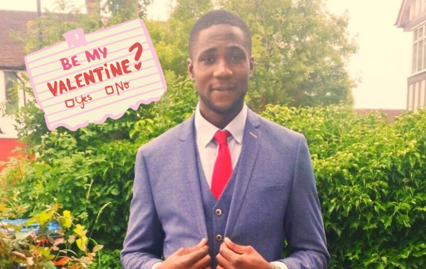 The author in a suit, looking at the camera. A mock-up of a piece of paper saying "Be my Valentine" with tickboxes saying 'yes' and 'no'."