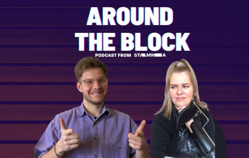 Podcasts A man and a woman with the text 'Around The Block' above them