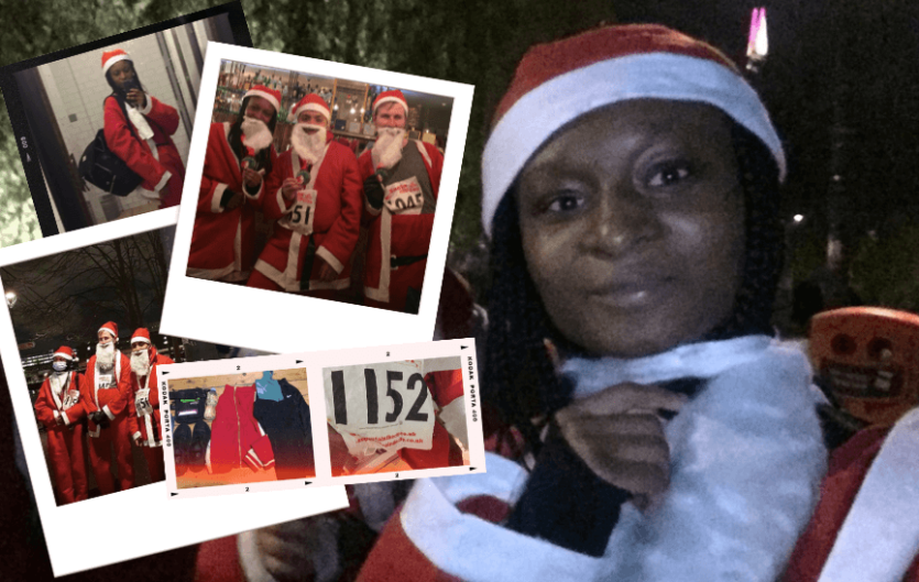 A woman in a Father Christmas outfit looking at the camera, with separate images of a group of people dressed as Father Christmas