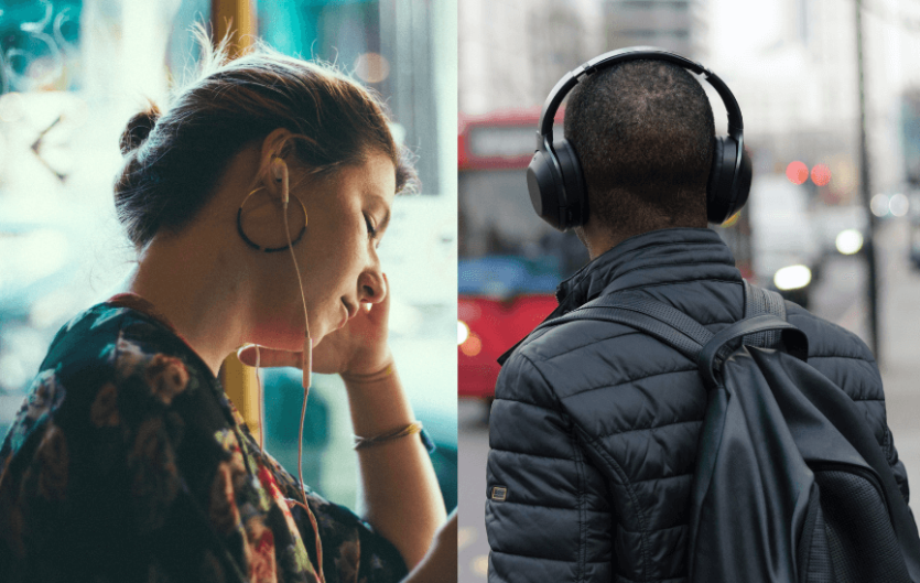 Two images, one of a woman with earphones in, the other, the back of a man's head, wearing headphones