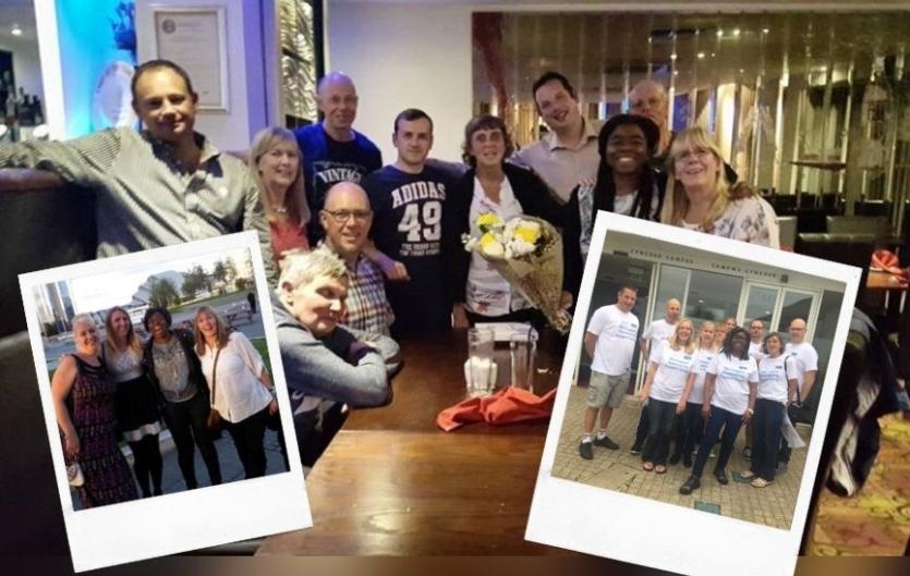 A group of people in a restaurant smiling at the camera, with two insert photos of groups of people looking at the camera