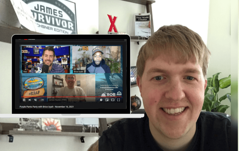 My call to a YouTube live event A man looking at the camera, next to a computer screen shot of a video call between three men