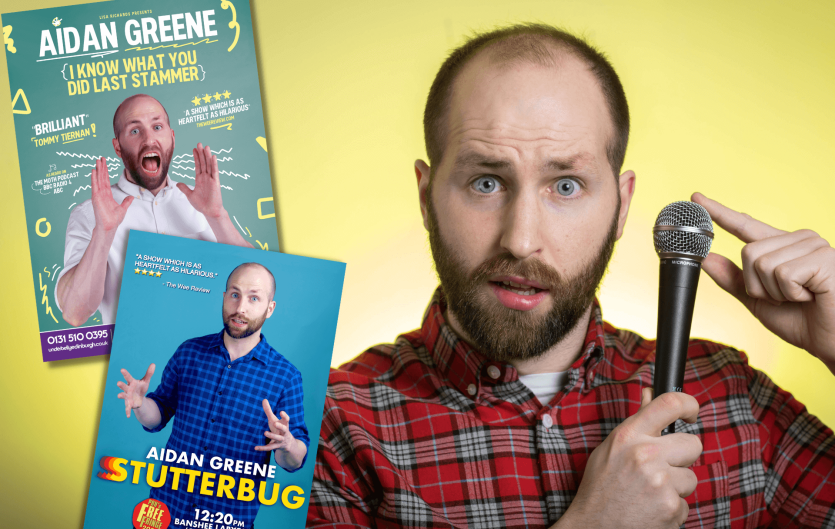 Stand-up, stammering and the burdon of proof A man looking at the camera and holding a microphone, with two inset pictures of stand-up comedy posters