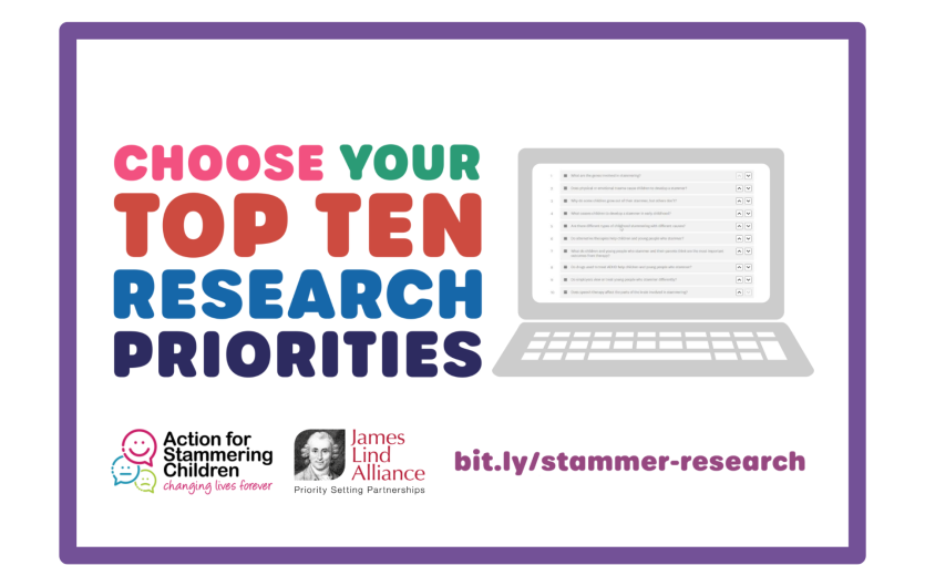 Help shape stammering research: next stage An illustrated picture of a laptop computer, with adjacent text: 'Choose your top ten research priorities'