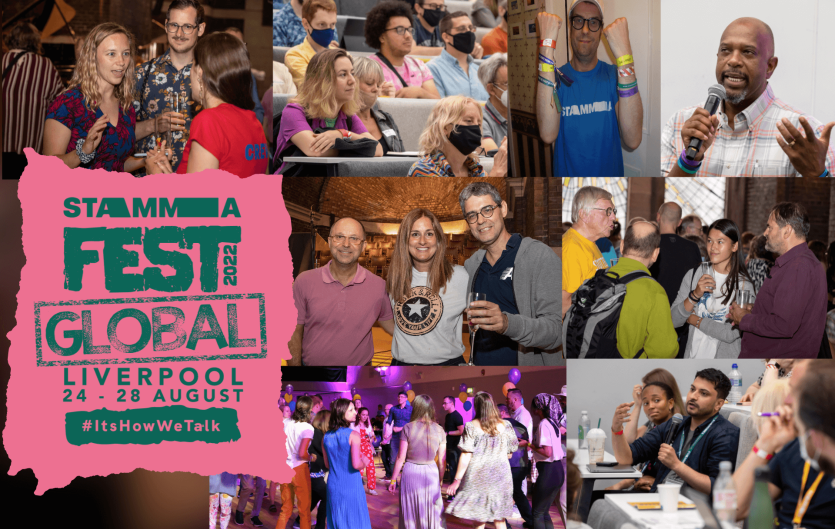 My STAMMAFest Global 2022 A montage, with images of people socialising and presenting, with the text 'STAMMAFest Global 2022' in the bottom left
