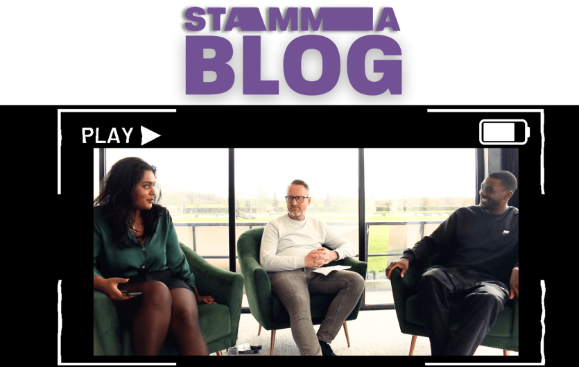 Blog: A little less 'suffering' The text 'STAMMA Blog' above a picture of three people on chairs chatting