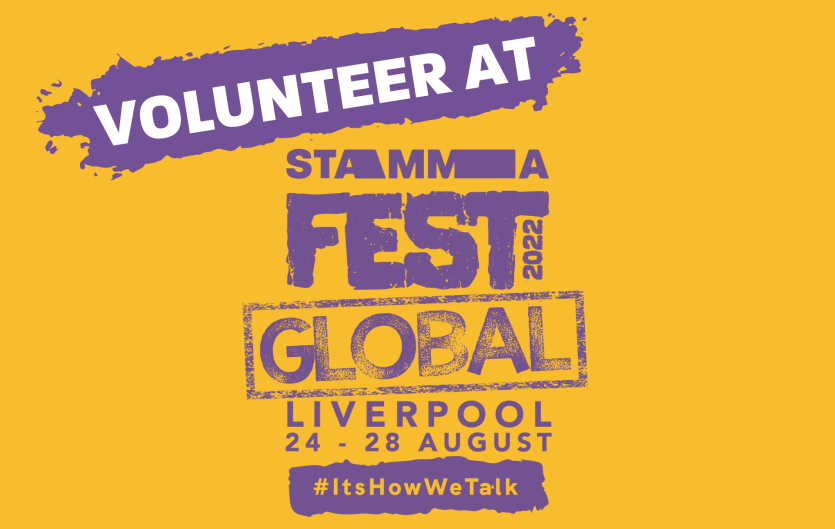 Text saying 'Volunteer at', with a logo underneath saying 'STAMMAFest Global