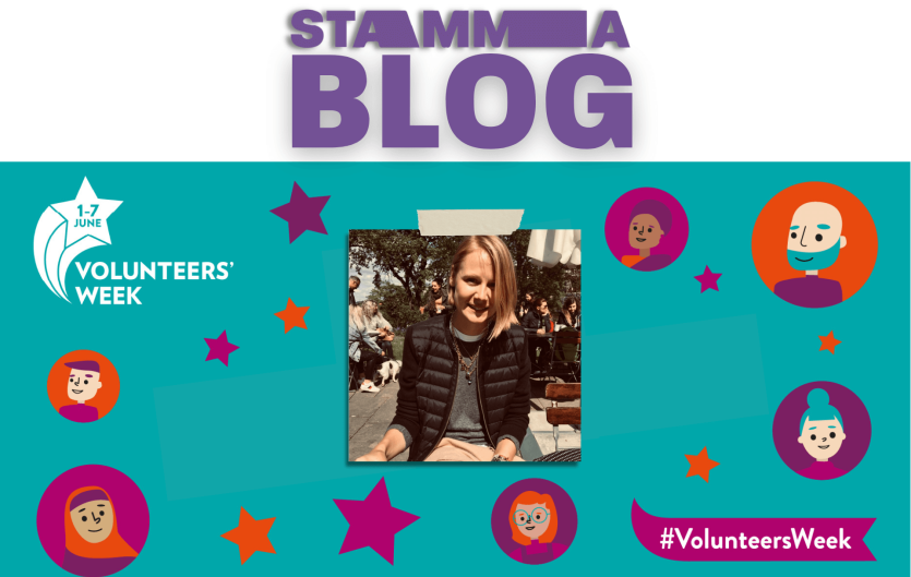 Blog: Celebrating our brilliant volunteers The text 'STAMMA Blog' above a picture of a woman at the camera and smiling, with six illustrated faces around it.