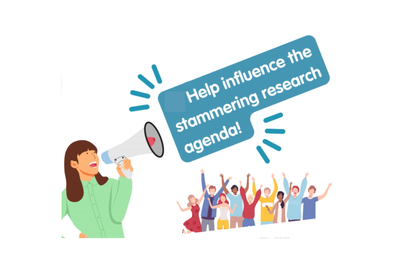 An illustrated picture of a woman speaking into a megaphone, with a speech bubble saying 'Help us influence the stammering research agenda', next to a crowd of people waving their hands in the air