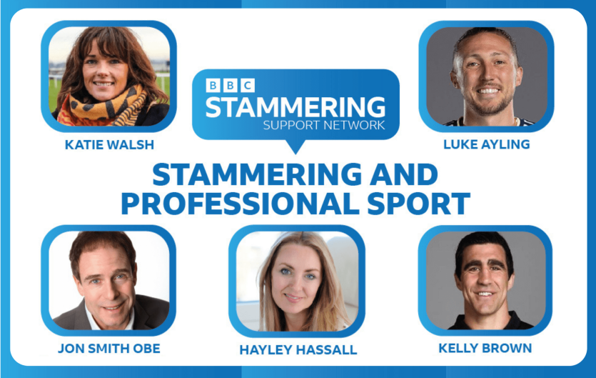Join sporting figures for an online event The text 'Stammering And Professional Sport' with five faces around it