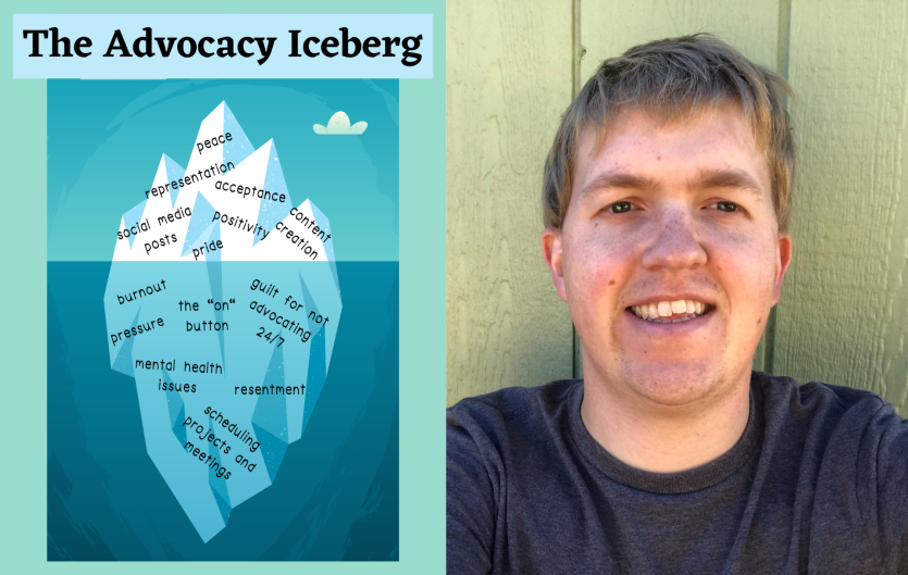 My Stammering Advocacy Iceberg An illustration of an iceberg surrounded by various words, under a header 'The Advocacy Iceberg', next to an image of man looking at the camera and smiling
