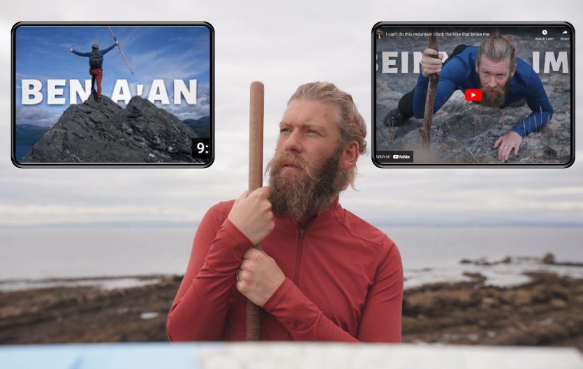 A man holding a stick and looking to the left, with inset pictures of the man mountain climbing