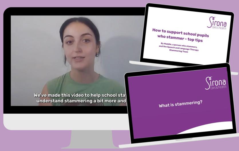 Our videos for supporting pupils who stammer A computer screen showing a woman looking at the camera, with two other computer screens next to it