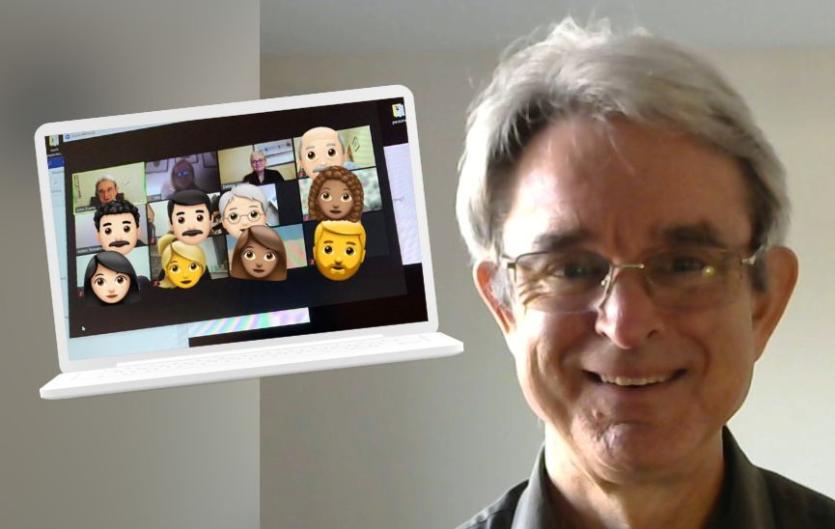 A man looking at the camera and smiling, with an inset picture of a laptop computer showing a video call in progress