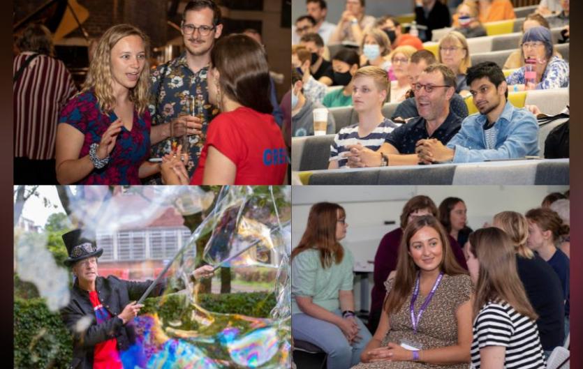 Help organise our next conference Four pictures of people socialising, listening to a speaker at a lecture, and a man blowing giant bubbles