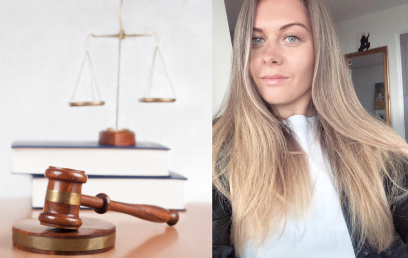 Two images, one of a courtroom gavel in front of a set of scales, and the other a woman looking at the camera