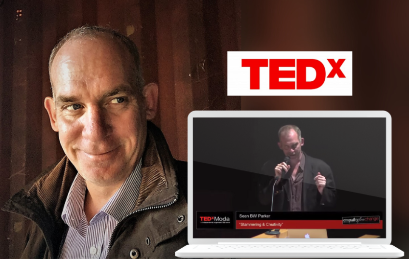 A man looking to the right and smiling, with an inset image of the man delivering a speech, and the logo TEDx above