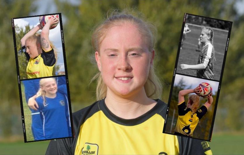 Be a person first and foremost A young woman in a football kit, surrounded by a montage of other pictures of her playing football
