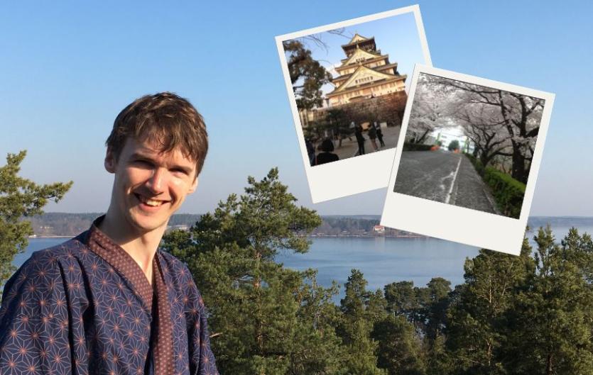 Stammering my way across the globe A man in an outdoor setting with inset photos of exotic countries