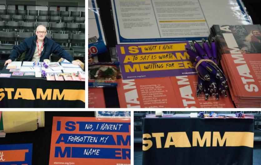Running an information stand for STAMMA A montage featuring a man standing behind a table with leaflets on it; close ups on leaflets and pens