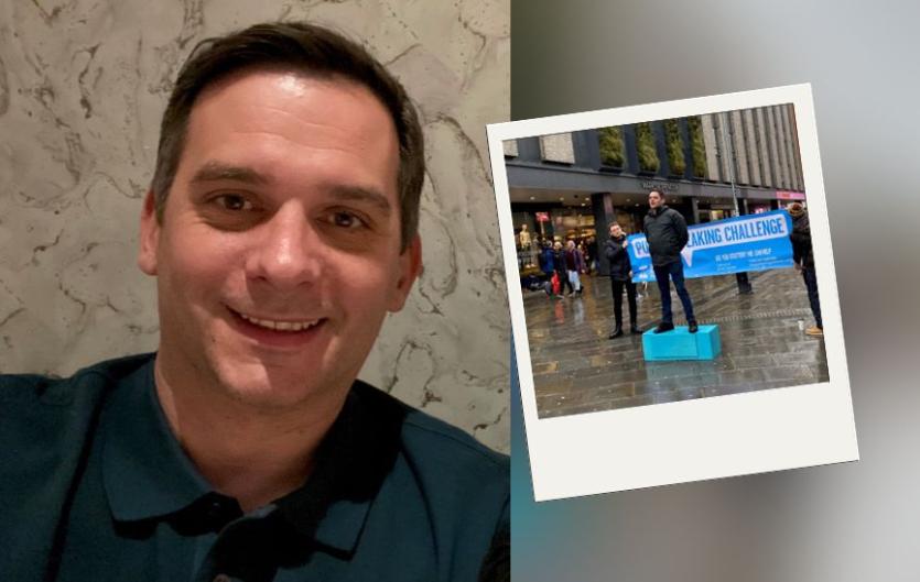 I realised I had to do something about my avoidance A man looking at the camera and smiling, with an inset picture of a man standing on a box in a town centre and talking