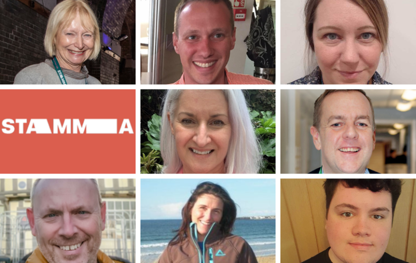 STAMMA Trustees Nine boxes, eight with images of people looking at the camera and smiling, and one with the text 'STAMMA'.
