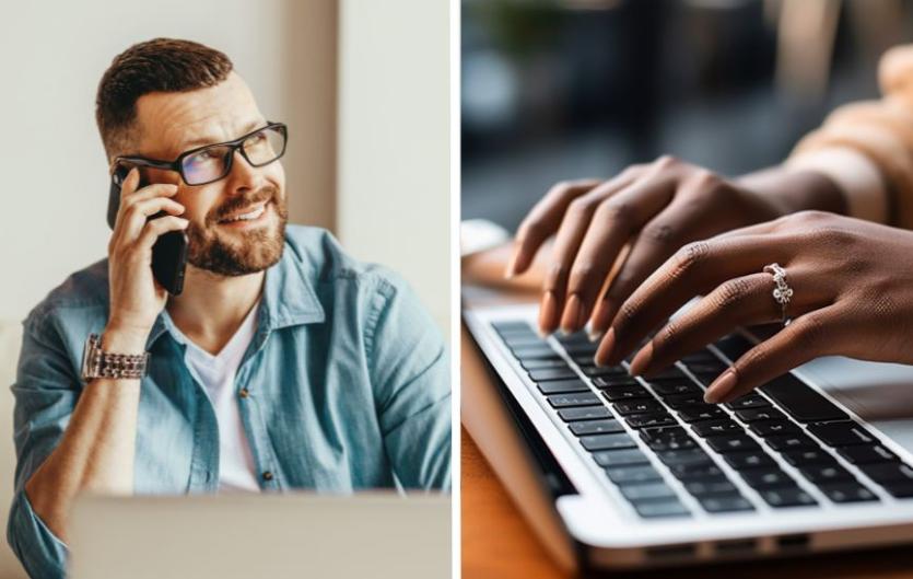 New Volunteer Opportunities Two images, one of a man speaking on a mobile phone and smiling, the second, a close up of a woman's hands as they type on a laptop