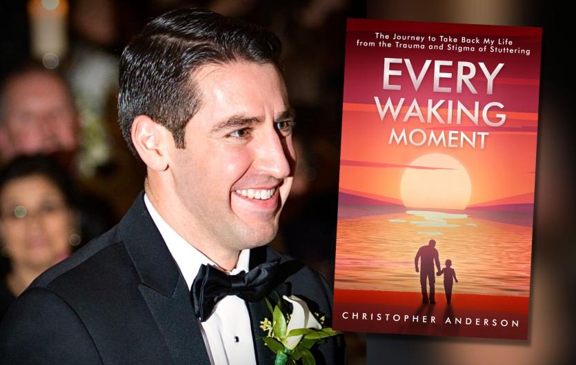 A man in a suit looking to the right, with an inset picture of a book cover.