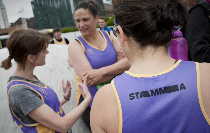 Three runners in Stamma vests at Manchester 10K event