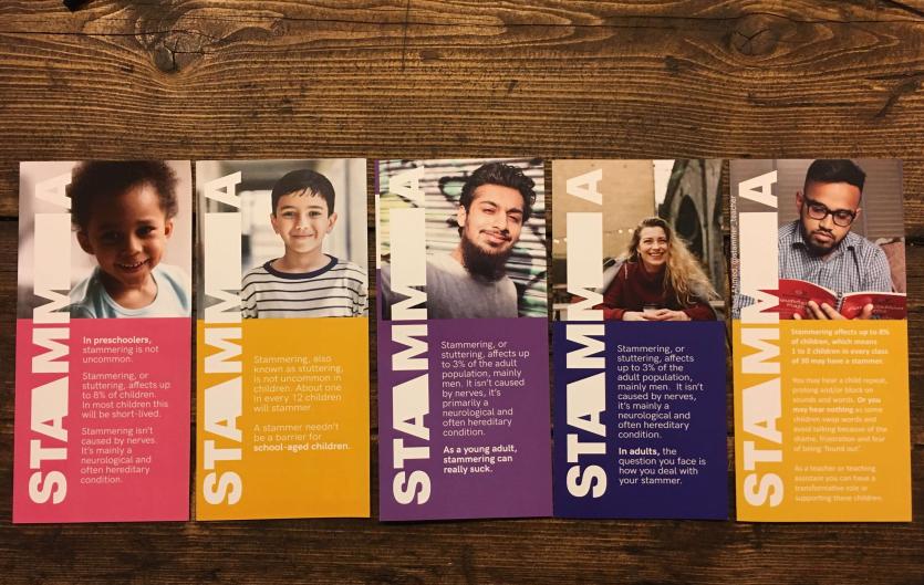 Five leaflet covers showing a photo of a person and text