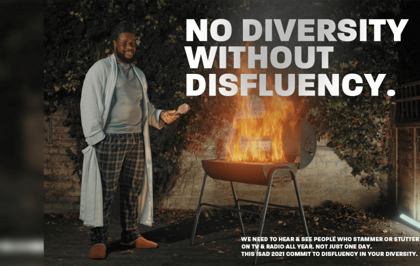 A man next to a barbecue, looking at the camera, with the text 'No Diversity Without Disfluency' above him