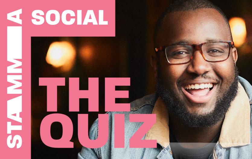 The Stamma Quiz Returns A man laughing, with the text 'The Quiz' next to him