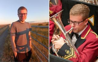 Two images, one of a man standing and looking at the camera, the second of the same person playing a brass instrument