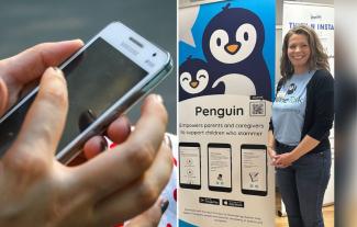 Two images, one of a pair of hands using a mobile phone, the other of a woman standing next to promotional banners