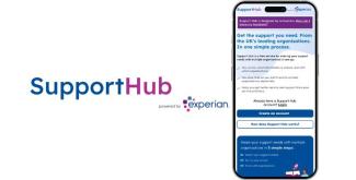 A mobile phone displaying text from a webpage, next to a logo saying 'Support Hub powered by Experian