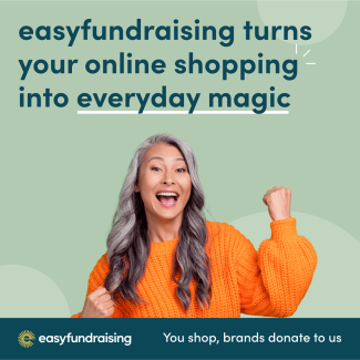 A woman smiling with clenched fists, under text saying 'Easyfundraising turns your online shopping into everyday magic