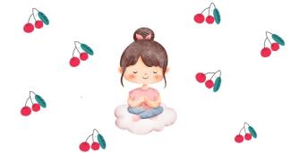 An illustrated young girl sitting on a cloud with her eyes closed, smiling. Around her are cherries
