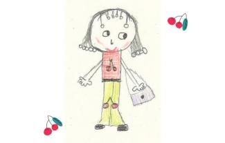 A children's drawing of a child, with cherries around her
