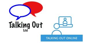 Two speech bubbles with 'Talking Out Ltd' underneath. Next to it is a illustration of a person in f